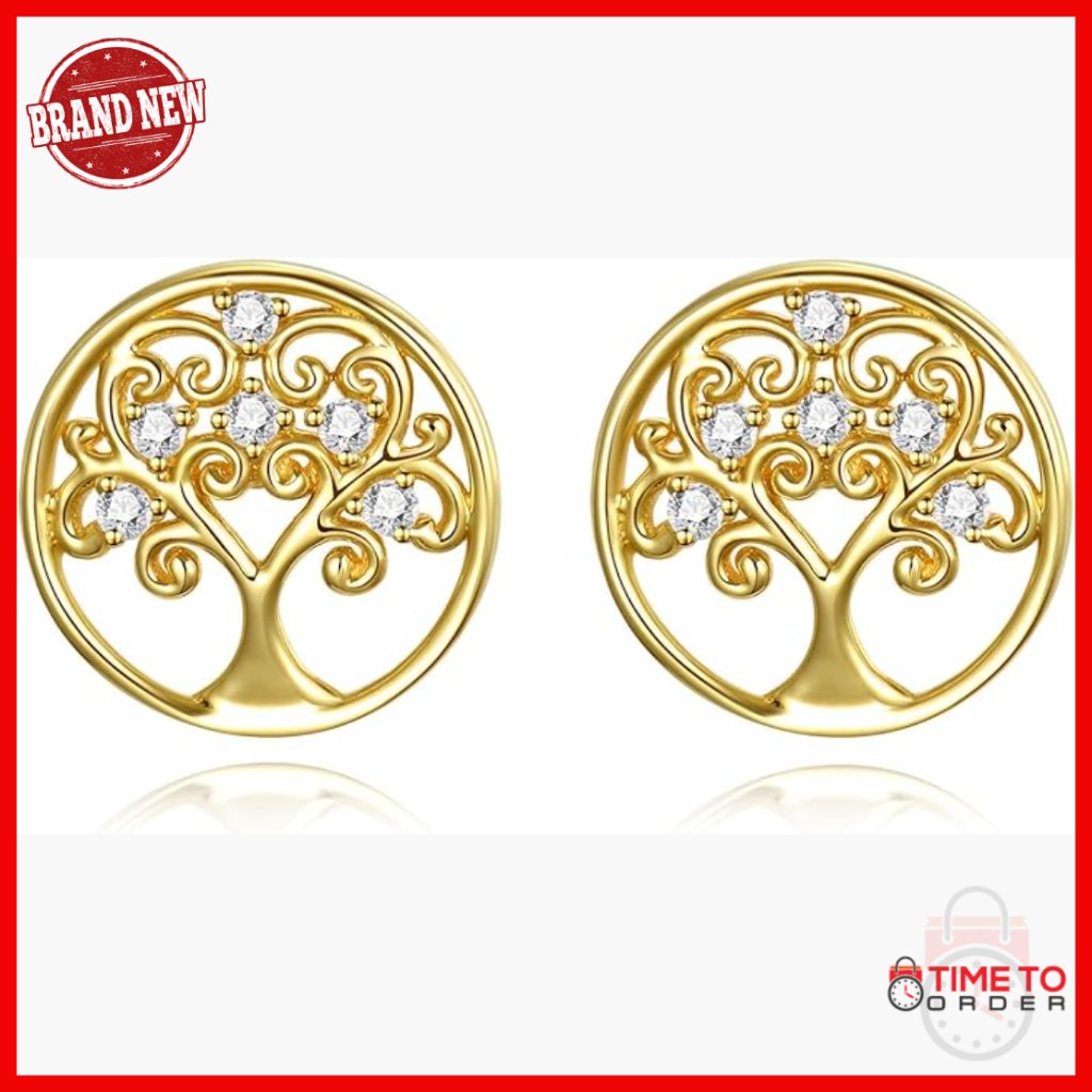 14k Solid Gold Tree Of Life Stud Earrings, 9.5mm, Hypoallergenic Fine Jewelry